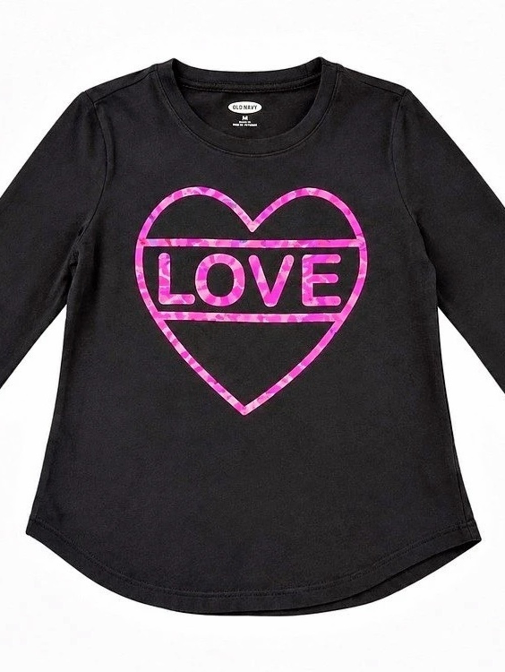 Old Navy Girls M 8 Black Pink LOVE Heart Long Sleeve Graphic Shirt